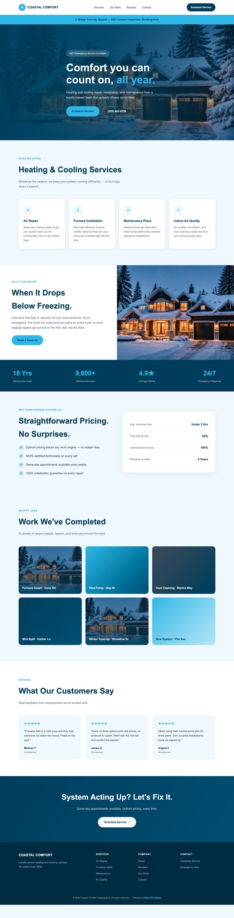 Full page screenshot of an HVAC company website build