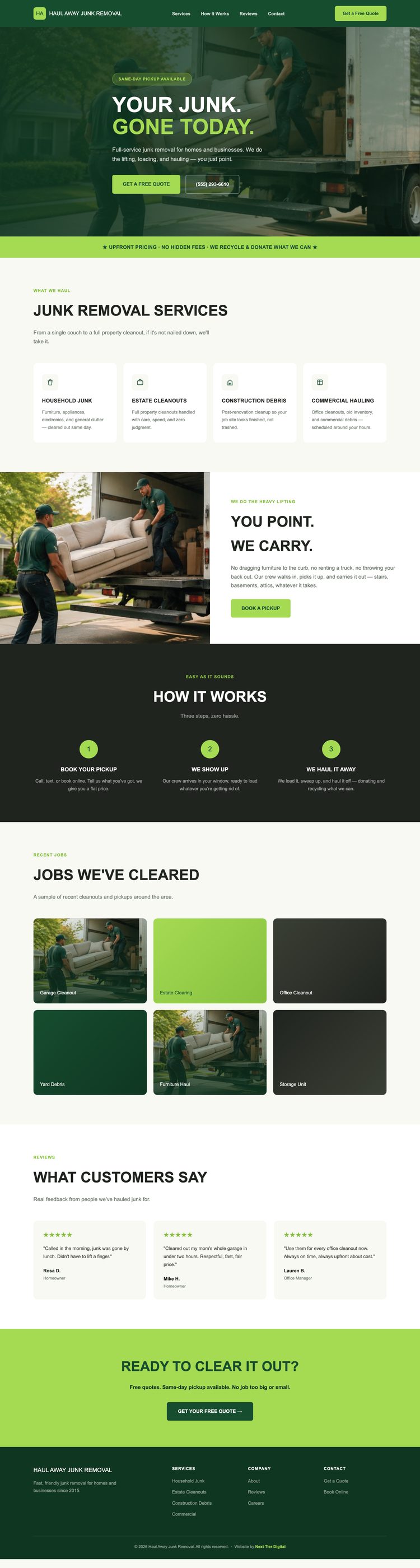 Full page screenshot of a junk removal company website build