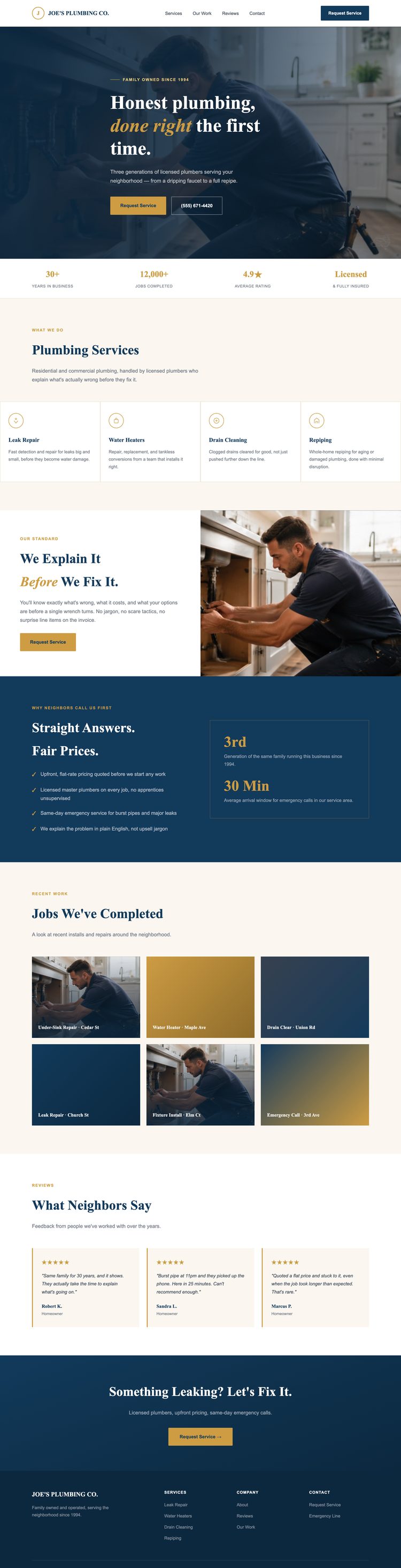 Full page screenshot of a plumbing company website build