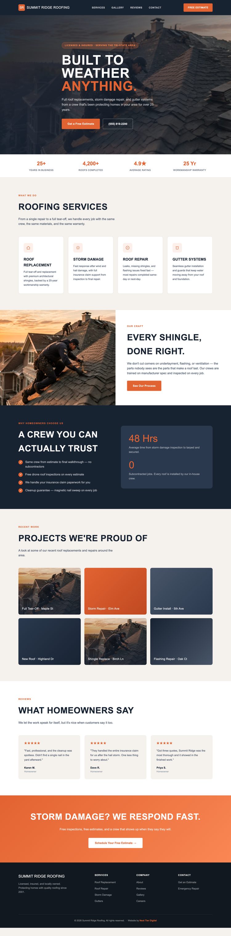Full page screenshot of a roofing company website build